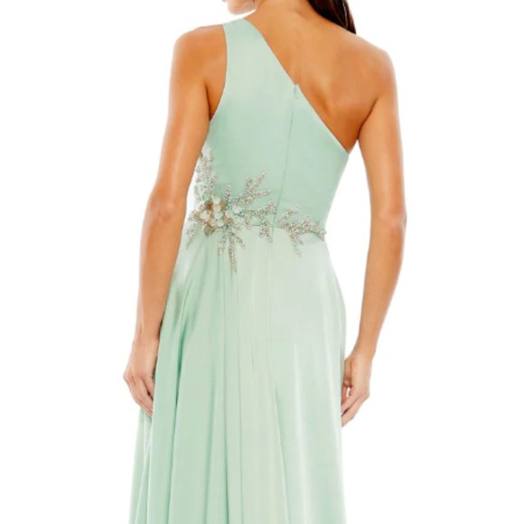 MAC DUGGAL 11262 EMBELLISHED ONE SHOULDER ASYMMETRICAL SAGE GOWN sz 8 - Picture 2 of 5